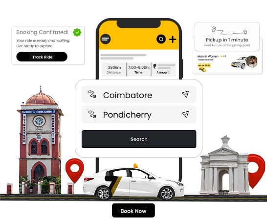 Online Outstation Taxi Booking from Coimbatore to Pondicherry Book outstation taxis online for a smooth ride from Coimbatore to Pondicherry anytime.